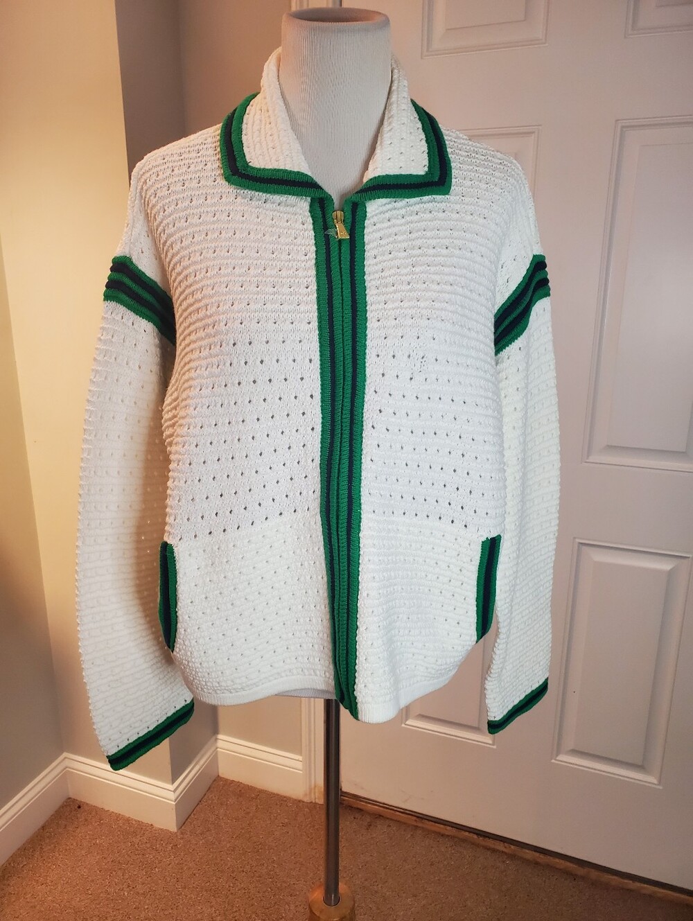 Isaac Mizrahi Clubhouse White Crochet Zip Cardigan with Green Trim